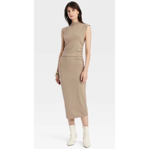 A NEW DAY Solid Tan High-Neck Ruched Bodycon Midi-Length Dress NWT Size Medium - Picture 1 of 7